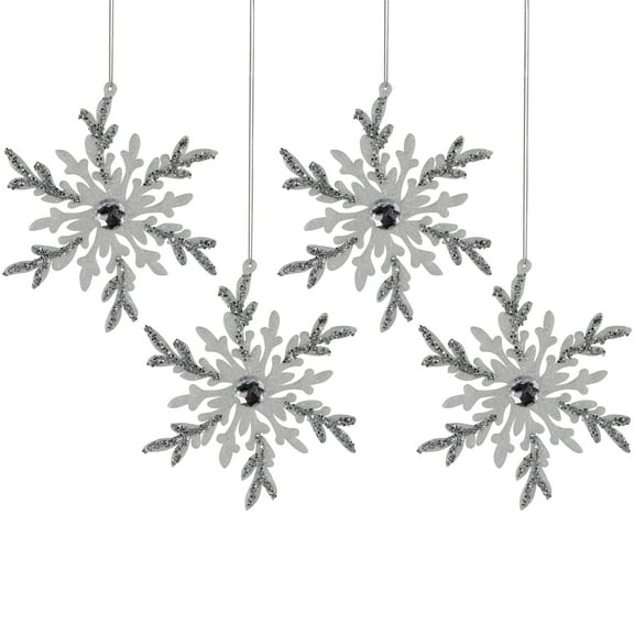 Set of 4 White and Silver Glitter Snowflakes Christmas Ornaments 6"