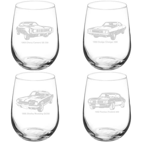 Set of 4 Wine Glass Gift 1960's Classic Cars Collection (17 oz Stemless)
