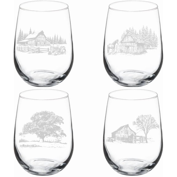 Set of 4 Wine Glass Gift Barn Collection Country Farm (17 oz Stemless)