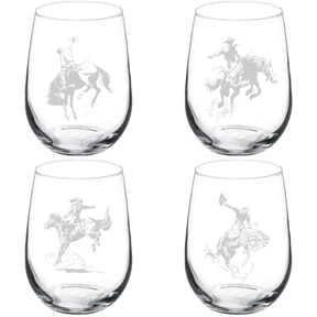 Set of 4 Wine Glass Gift Bronco Buster Rodeo Western Cowboy Horses Collection (17 oz Stemless)