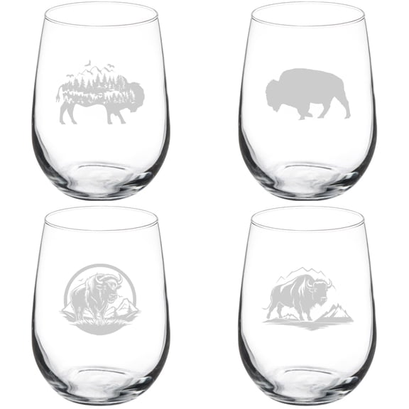 Set of 4 Wine Glass Gift Buffalo Bison Collection (17 oz Stemless)