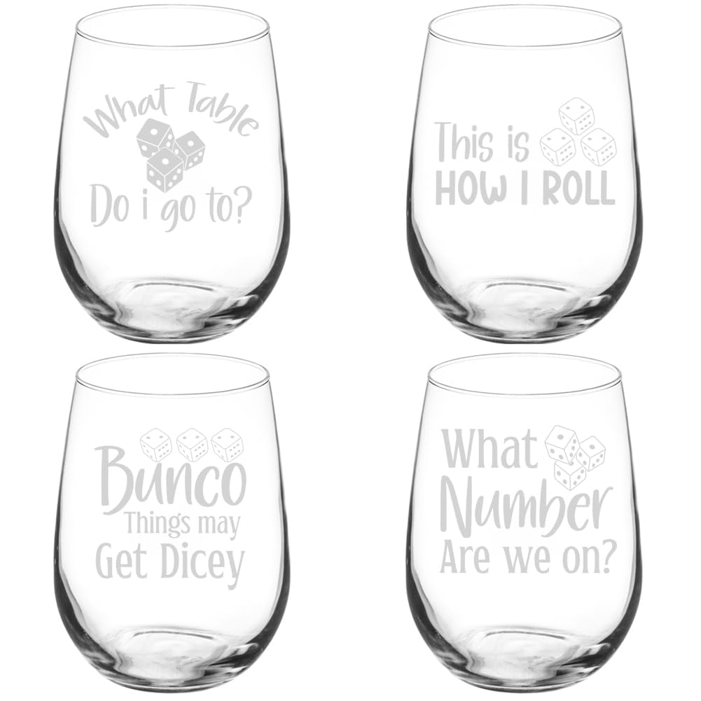 Set of 4 Wine Glass Gift Bunco Collection (17 oz Stemless)