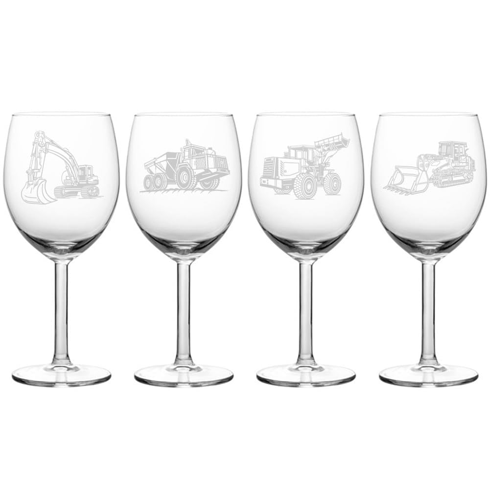 Set of 4 Wine Glass Gift Construction Mining Vehicles Excavator Loader Bulldozer Rock Truck (10 oz)