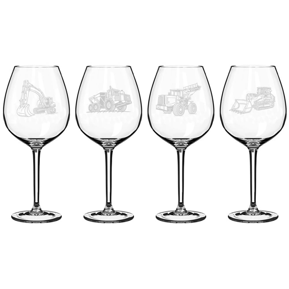 Set of 4 Wine Glass Gift Construction Mining Vehicles Excavator Loader Bulldozer Rock Truck (20 oz Jumbo)