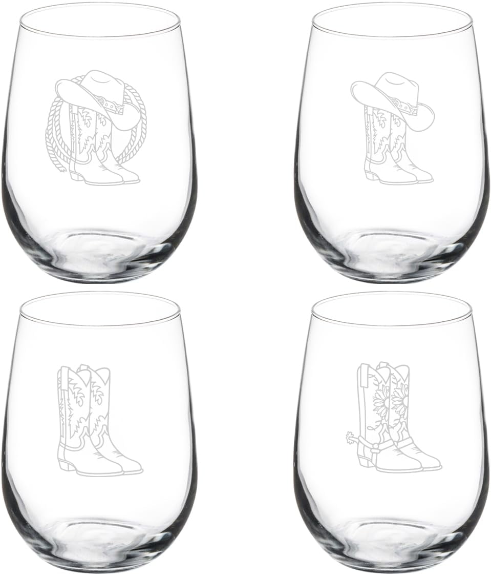 Set of 4 Wine Glass Gift Cowboy Cowgirl Boots Collection One (17 oz Stemless)