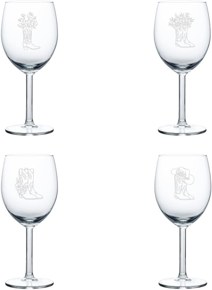 Set of 4 Wine Glass Gift Cowgirl Boots Floral Flowers Collection (10 oz)