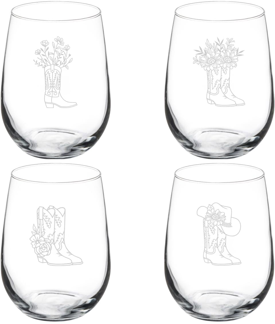 Set of 4 Wine Glass Gift Cowgirl Boots Floral Flowers Collection (17 oz Stemless)