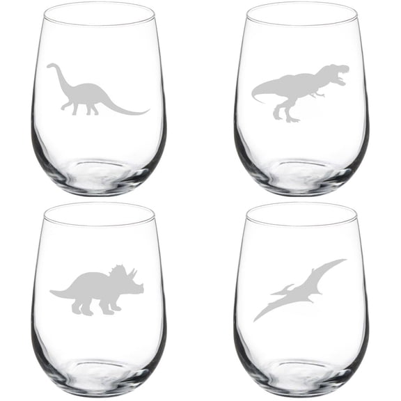 Set of 4 Wine Glass Gift Dinosaur Collection (17 oz Stemless)