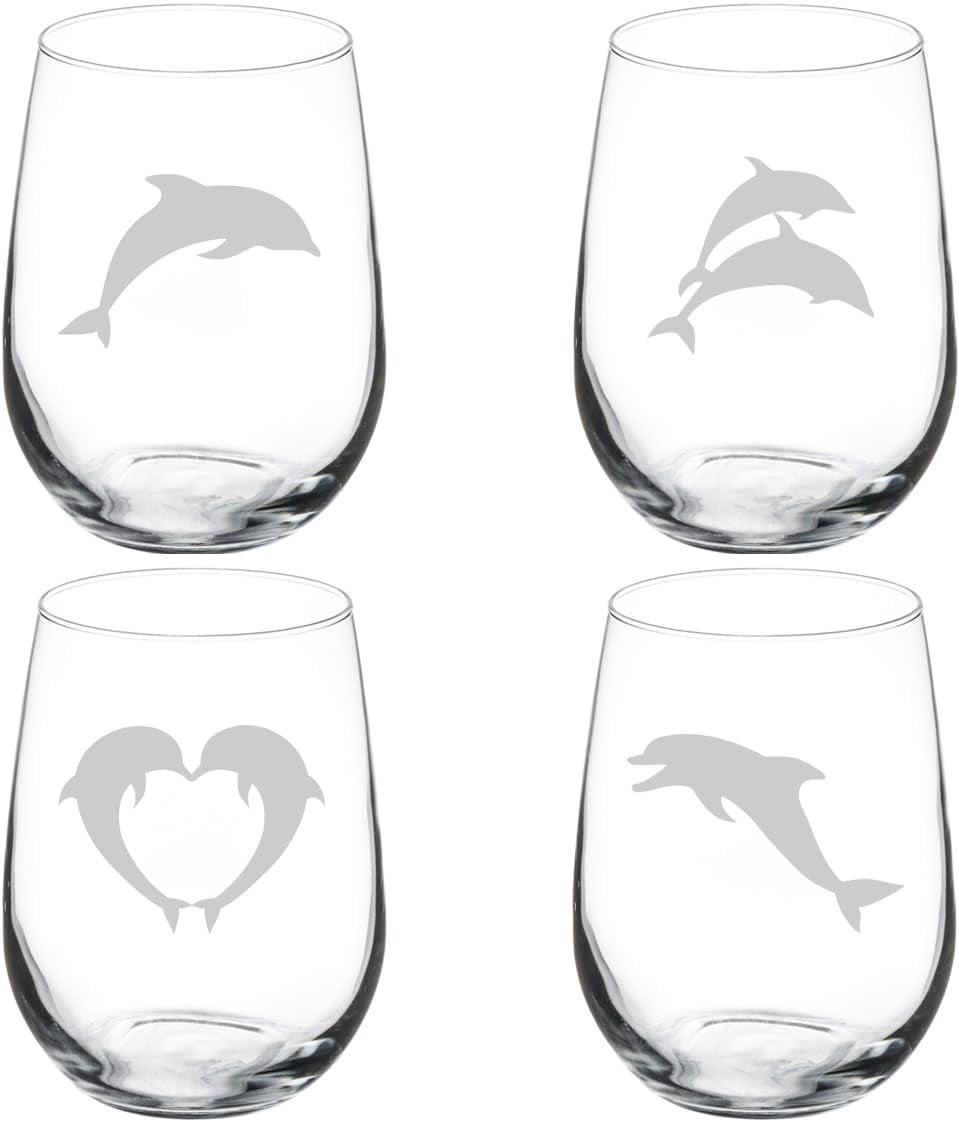 Set of 4 Wine Glass Gift Dolphin Collection (17 oz Stemless)