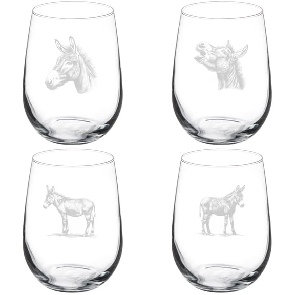 Set of 4 Wine Glass Gift Donkey Collection (17 oz Stemless)