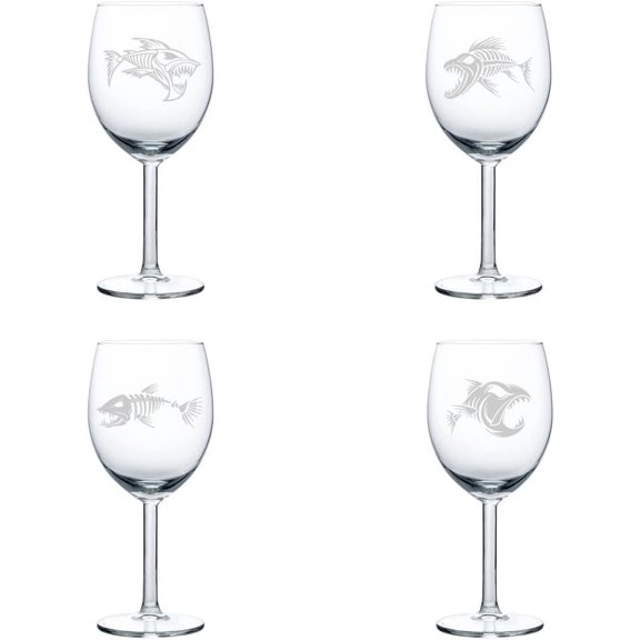 Set of 4 Wine Glass Gift Fish Skeleton Collection (10 oz)