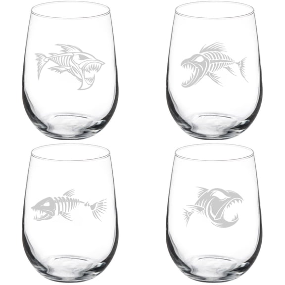 Set of 4 Wine Glass Gift Fish Skeleton Collection (17 oz Stemless)