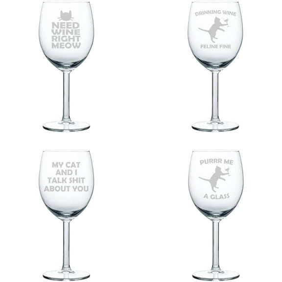 Set of 4 Wine Glass Gift Funny Cat Wine Collection 3 (10 oz)