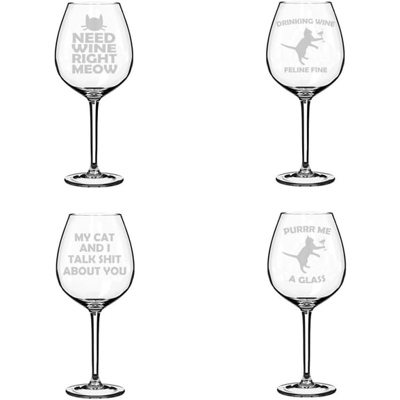Set of 4 Wine Glass Gift Funny Cat Wine Collection 3 (20 oz Jumbo)
