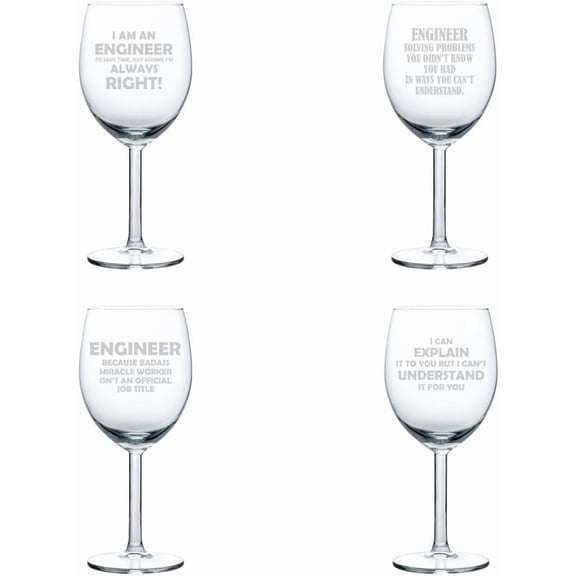 Set of 4 Wine Glass Gift Funny Engineer Collection (10 oz)