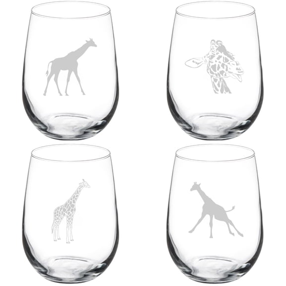 Set of 4 Wine Glass Gift Giraffe Collection (17 oz Stemless)