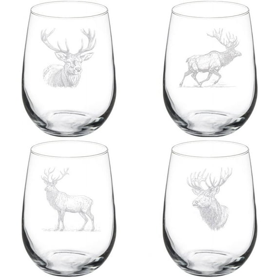 Set of 4 Wine Glass Gift Goblet Elk Collection (17 oz Stemless)