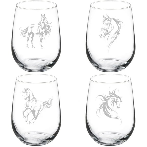Set of 4 Wine Glass Gift Goblet FANCY Horse Collection (17 oz Stemless)