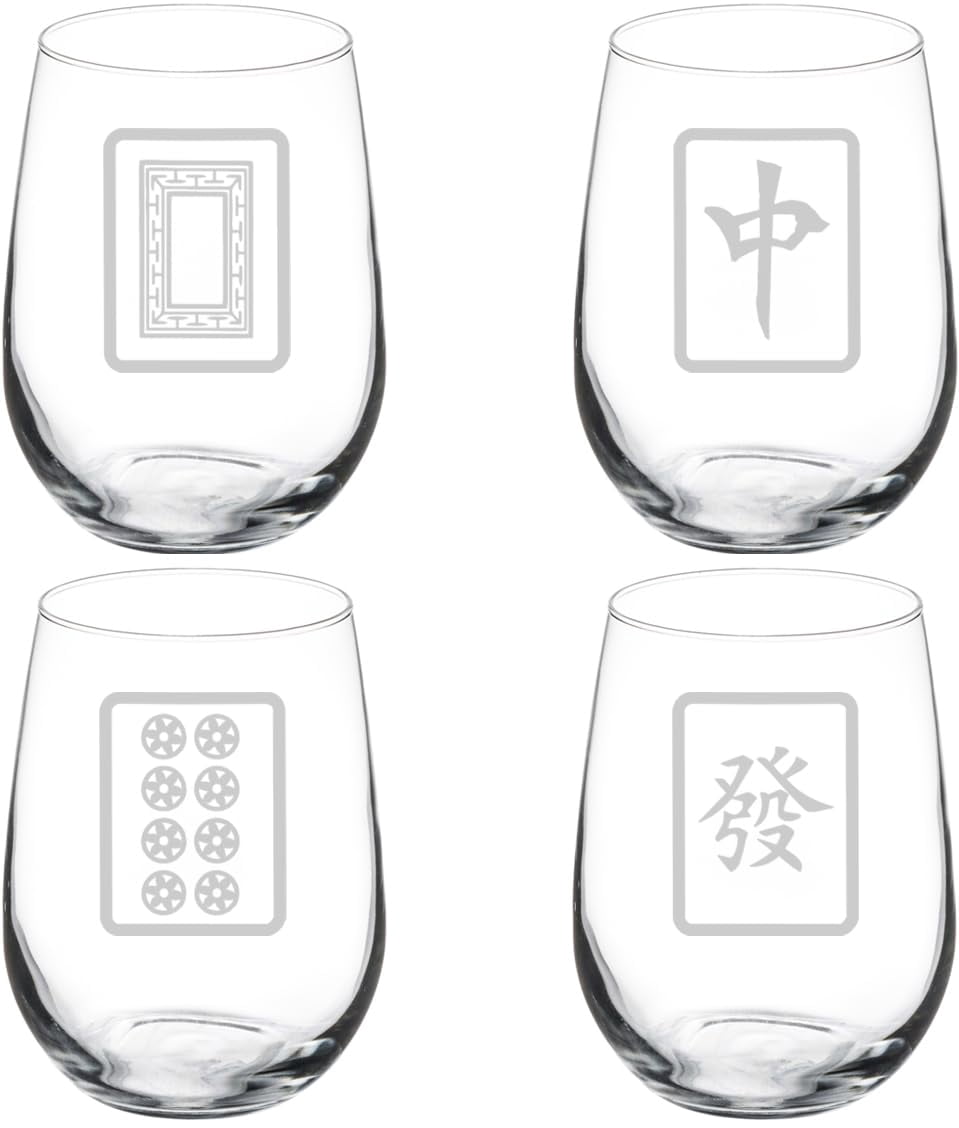 MIP Set Of 4 Mahjong Tile Wine Glasses - 17 Oz Stemless Glass Goblets, Real Glass Collection