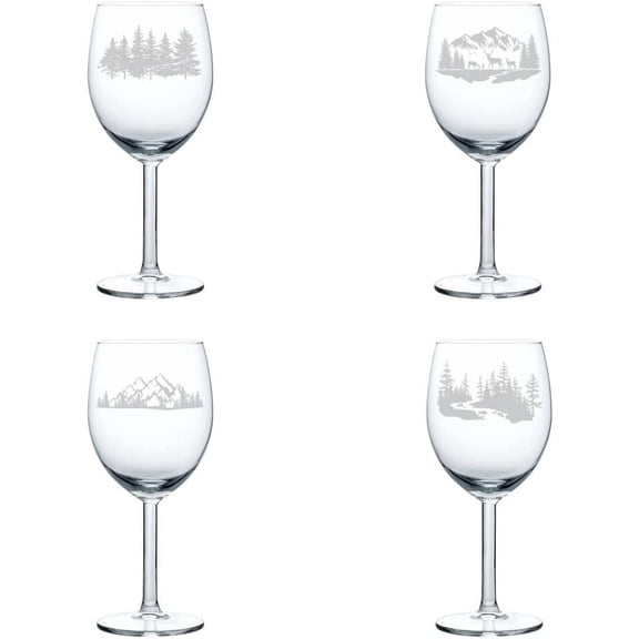 Set of 4 Wine Glass Gift Goblet Outdoors Forest Collection (10 oz)