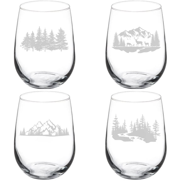 Set of 4 Wine Glass Gift Goblet Outdoors Forest Collection (17 oz Stemless)