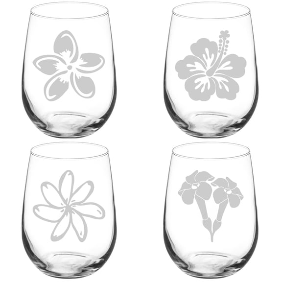 Set of 4 Wine Glass Gift Hawaiian Flowers Collection (17 oz Stemless)