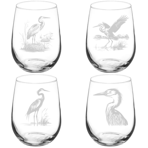 Set of 4 Wine Glass Gift Heron Bird Collection (17 oz Stemless)