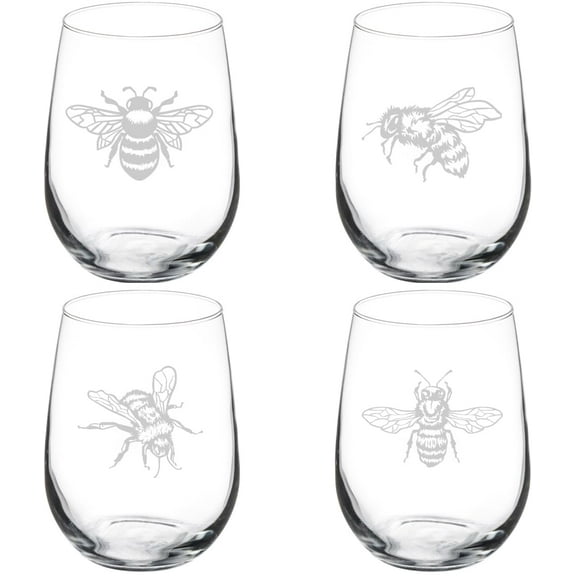 Set of 4 Wine Glass Gift Honey Bee Collection (17 oz Stemless)