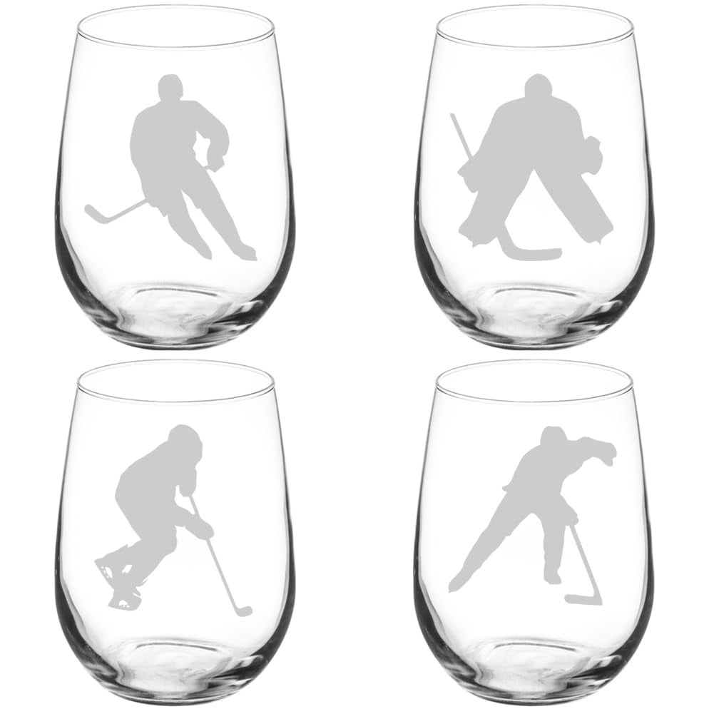 Set of 4 Wine Glass Gift Ice Hockey Players Collection (17 oz Stemless)