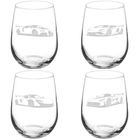 Set of 4 Wine Glass Gift Modern Super Cars Collection (17 oz Stemless)