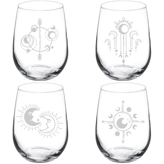 Set of 4 Wine Glass Gift Moon Phases Mystical Collection (17 oz Stemless)