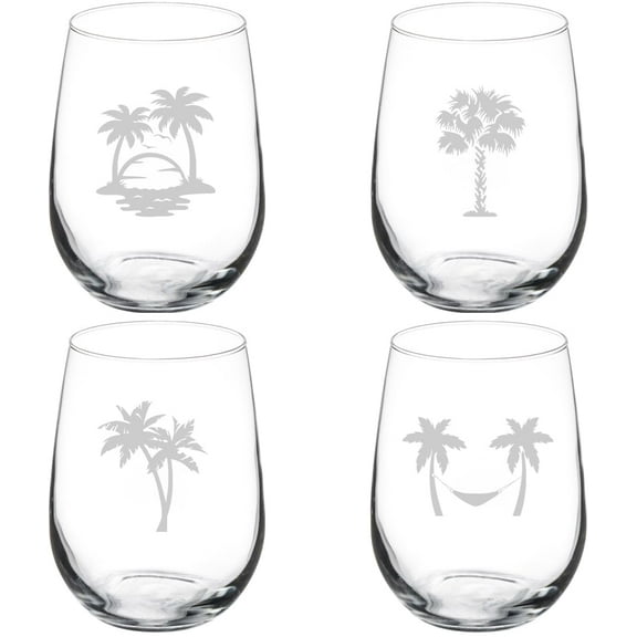 Set of 4 Wine Glass Gift Palm Tree Collection (17 oz Stemless)