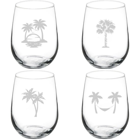 Set of 4 Wine Glass Gift Palm Tree Collection (17 oz Stemless)