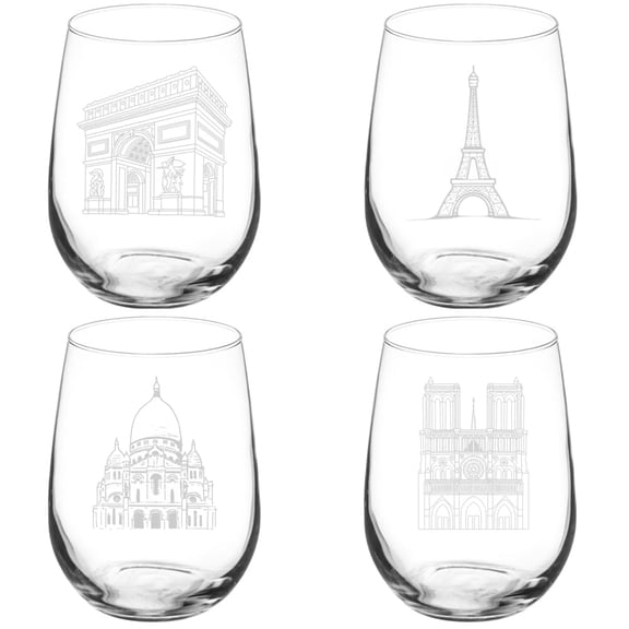 Set of 4 Wine Glass Gift Paris France Architecture Collection (17 oz Stemless)