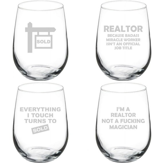 Set of 4 Wine Glass Gift Realtor Real Estate Agent Collection (17 oz Stemless)