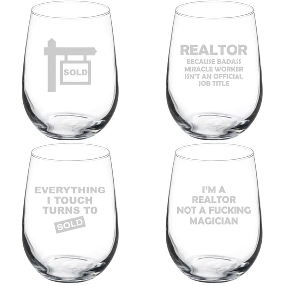 Set of 4 Wine Glass Gift Realtor Real Estate Agent Collection (17 oz Stemless)