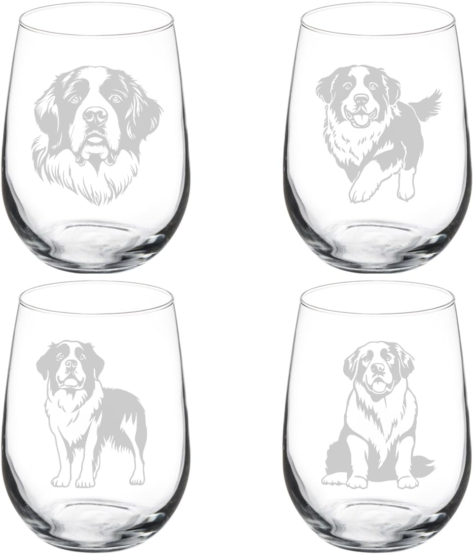 Set of 4 Wine Glass Gift Saint Bernard Dog Collection (17 oz Stemless)