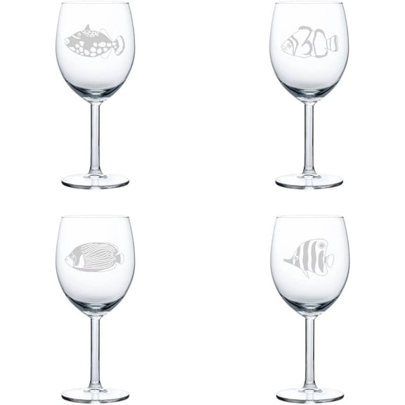 Set of 4 Wine Glass Gift Salt Water Fish Sea Collection (10 oz)