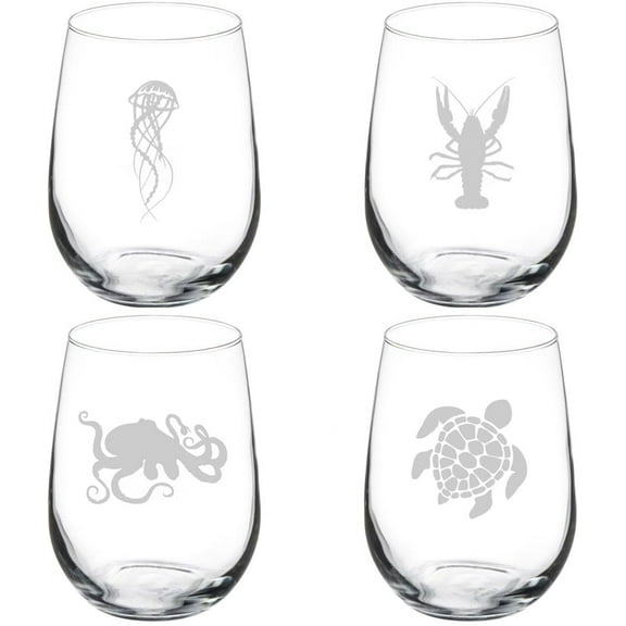 Set of 4 Wine Glass Gift Sea Ocean Life Collection One (17 oz Stemless)