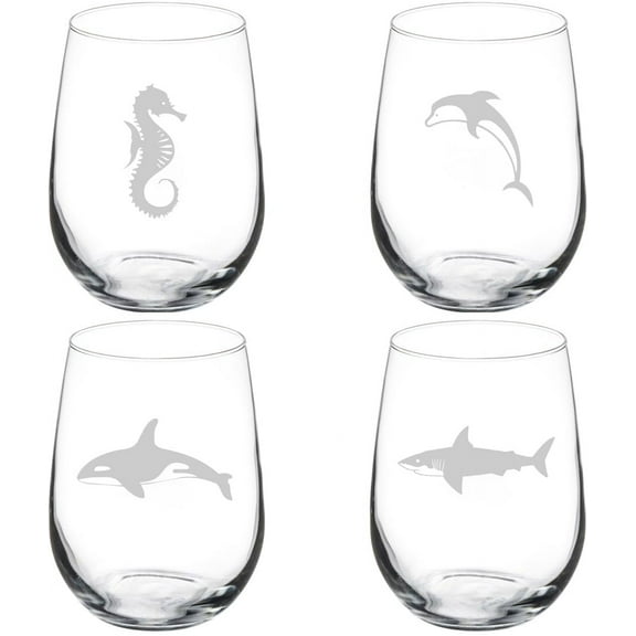 Set of 4 Wine Glass Gift Sea Ocean Life Collection Two (17 oz Stemless)
