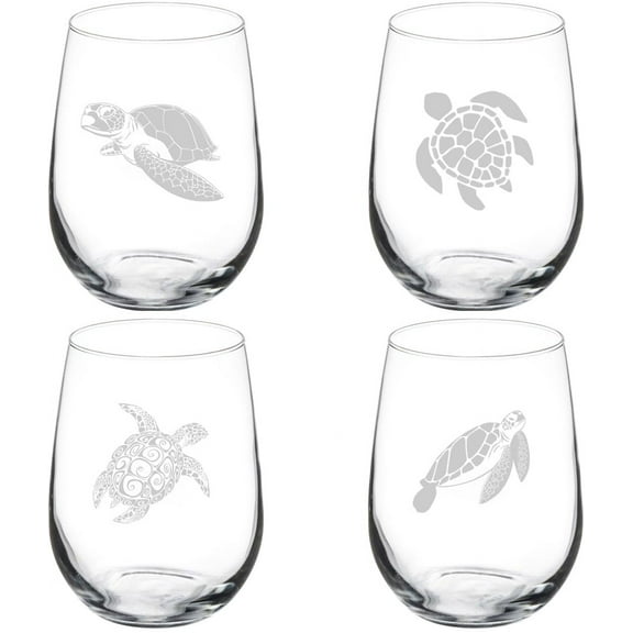 Set of 4 Wine Glass Gift Sea Turtle Collection (17 oz Stemless)