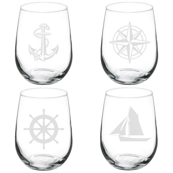 Set of 4 Wine Glass Goblet Anchor Boat Compass Nautical Collection (17 oz Stemless)