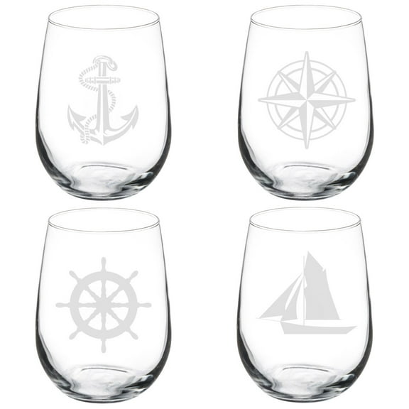 Set of 4 Wine Glass Goblet Anchor Boat Compass Nautical Collection (17 oz Stemless)
