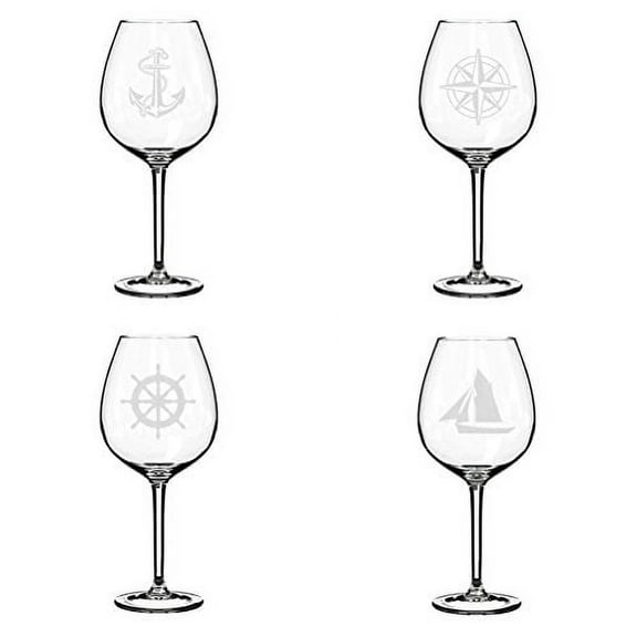 Set of 4 Wine Glass Goblet Anchor Boat Compass Nautical Collection (20 oz Jumbo)
