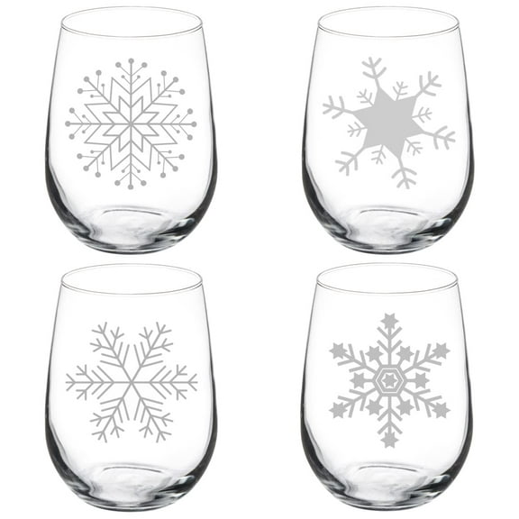 Set of 4 Wine Glass Goblet Christmas Snowflake Collection (17 oz Stemless)