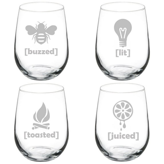Set of 4 Wine Glass Goblet Funny Drunk Buzzed Lit Toasted Juiced (17 oz Stemless)