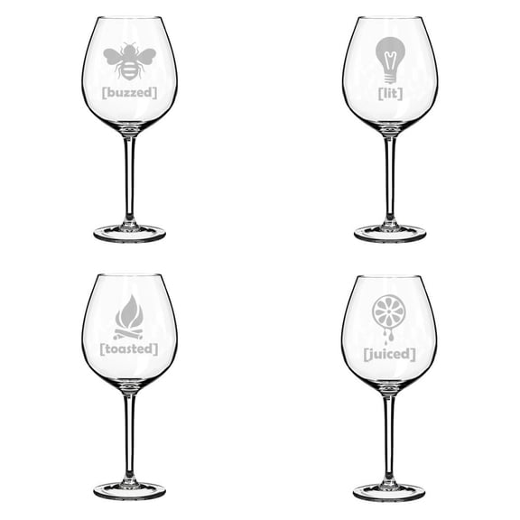Set of 4 Wine Glass Goblet Funny Drunk Buzzed Lit Toasted Juiced (20 oz Jumbo)