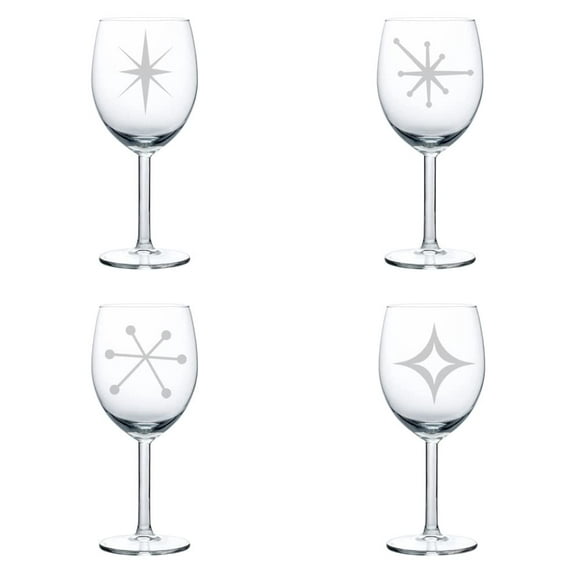 Set of 4 Wine Glass Goblet Retro Starbursts Mid Century Modern Art Deco Collection (10 oz)