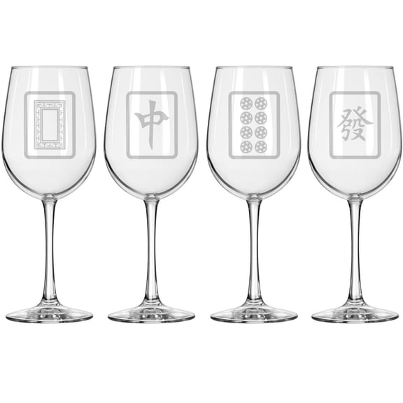 Set of 4 Wine Glass for Red or White Wine Gift Mahjong Tiles Collection (16 oz Tall Stemmed)