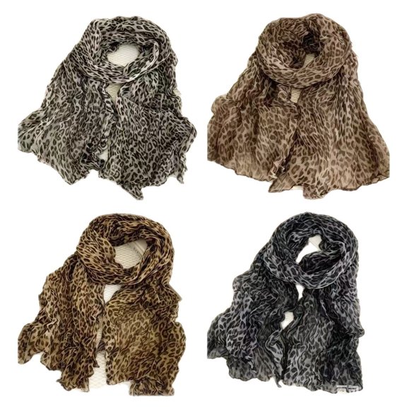 Set of 4 Women Leopard Print Scarves, Lightweight Polyester Crinkle Shawl, Soft Breathable Fashion Wrap